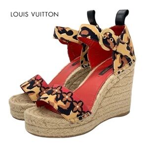 Louis Vuitton Sandals Brown Multicolor Canvas Leopard Print Wedge Sole Size 36